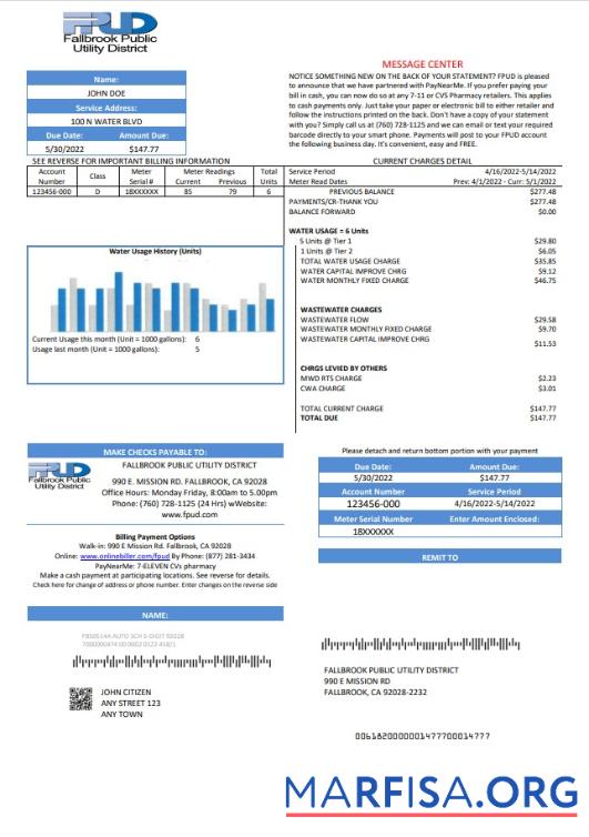 Blank USA Fallbrook Public utility bill template in Word and PDF format